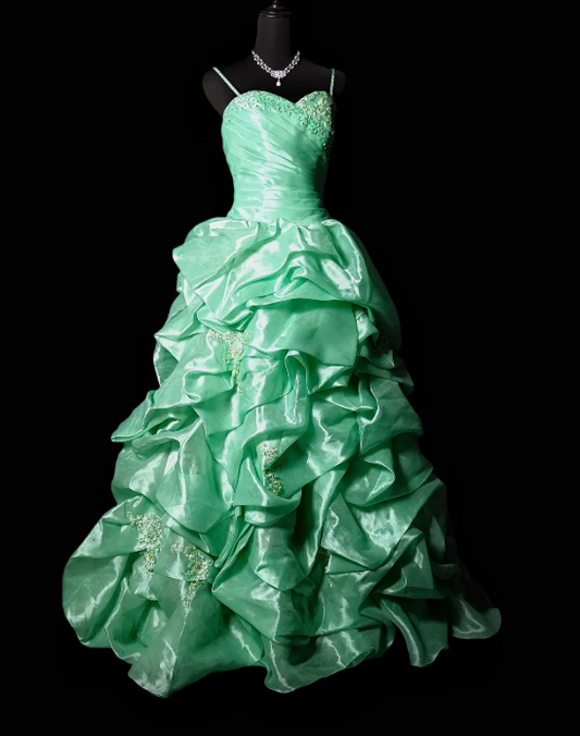 Gorgeous Ball Gown Green Quinceanera Dress Satin Spaghetti Straps Sleeveless Sweet 16 Dress EQ07101