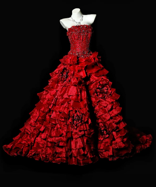 Gorgeous Ball Gown Burgundy Quinceanera Dress Satin Strapless Sleeveless Sweet 16 Dress EQ07102