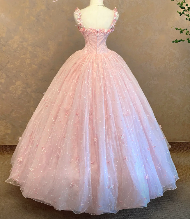 Gorgeous Pink Ball Gown Strapless Quinceanera Dress Tulle Appliques Sleeveless Sweet 16 Dress EQ07108