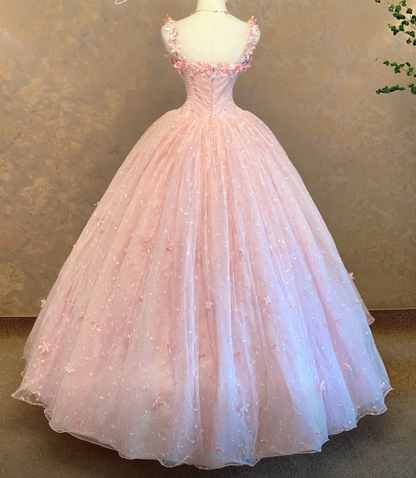 Gorgeous Pink Ball Gown Strapless Quinceanera Dress Tulle Appliques Sleeveless Sweet 16 Dress EQ07108
