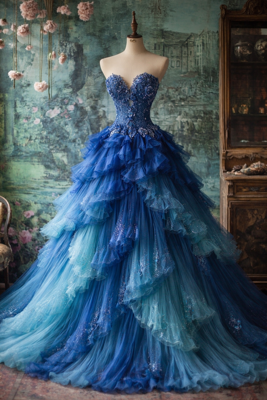 Gradient Blue Quinceanera Dress Sweetheart Ball Gown Tulle Beaded Sweet 16 Dress EQ07110