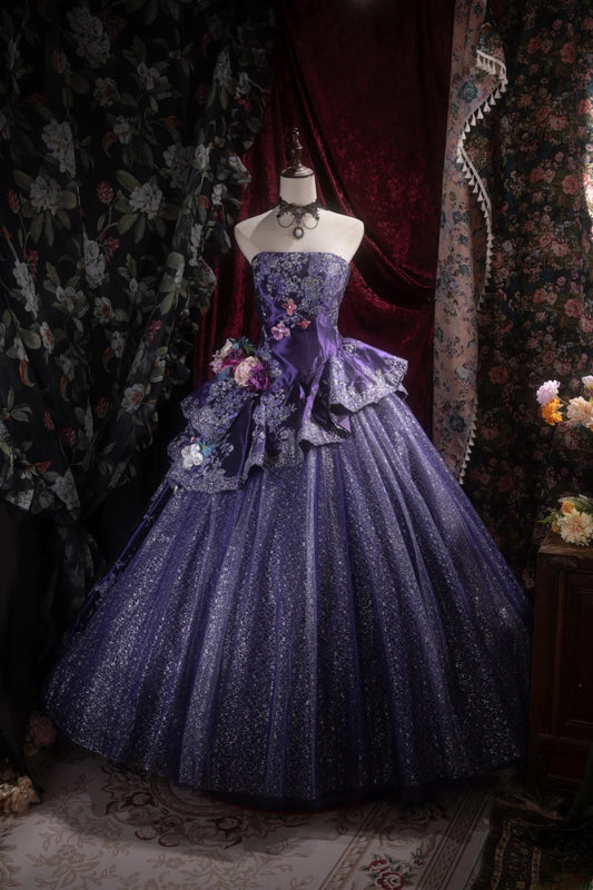 Purple Sweet 16 Dress Gorgeous Strapless Ball Gown Tulle Long Prom Dress Appliques Quinceanera Dress EQ07112