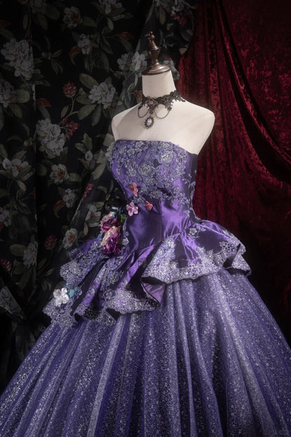 Robe de soirée violette pour 16 ans, magnifique robe de bal bustier, longue robe de bal en tulle, avec appliques, robe de Quinceanera EQ07112