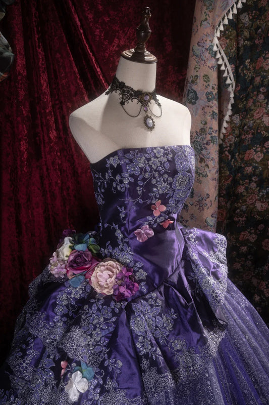 Purple Sweet 16 Dress Gorgeous Strapless Ball Gown Tulle Long Prom Dress Appliques Quinceanera Dress EQ07112