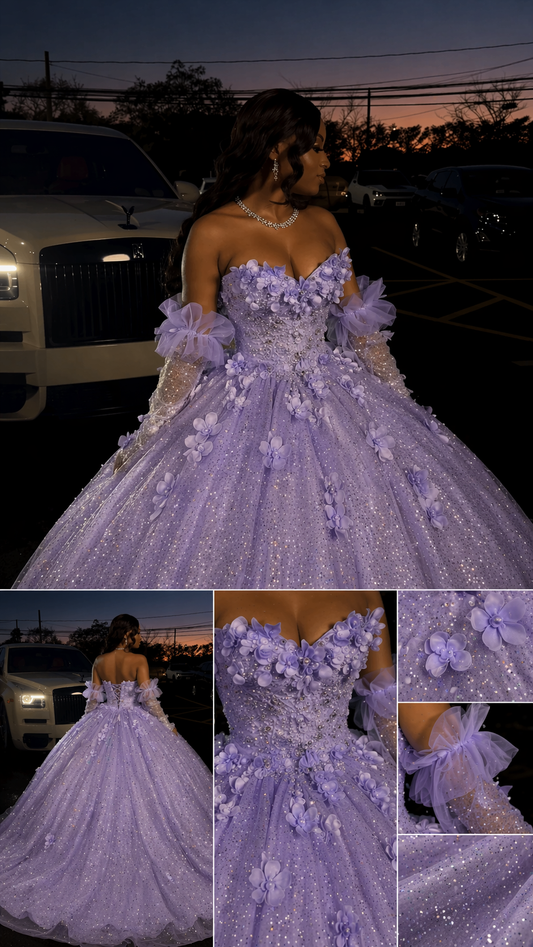Lavender Sweet 16 Dress Gorgeous Sweetheart Ball Gown Tulle Long Prom Dress Appliques Quinceanera Dress EQ07113