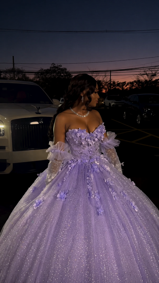 Lavender Sweet 16 Dress Gorgeous Sweetheart Ball Gown Tulle Long Prom Dress Appliques Quinceanera Dress EQ07113