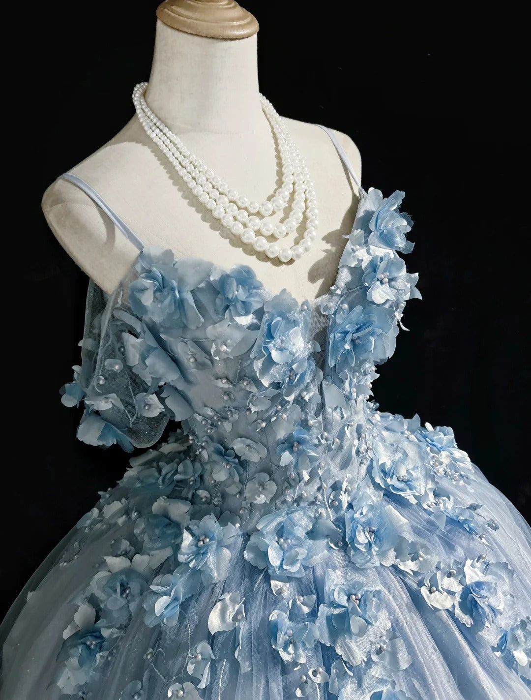 Robe de soirée bleue Sweet 16, féérique, épaules dénudées, en tulle, longue, avec appliqués, robe de quinceañera EQ07117
