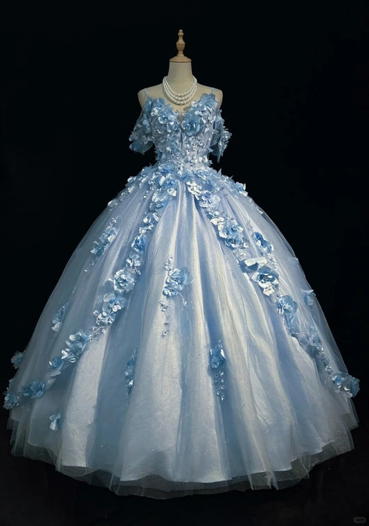 Blue Sweet 16 Dress Fairy Off-shoulder Ball Gown Tulle Long Prom Dress Appliques Quinceanera Dress EQ07117