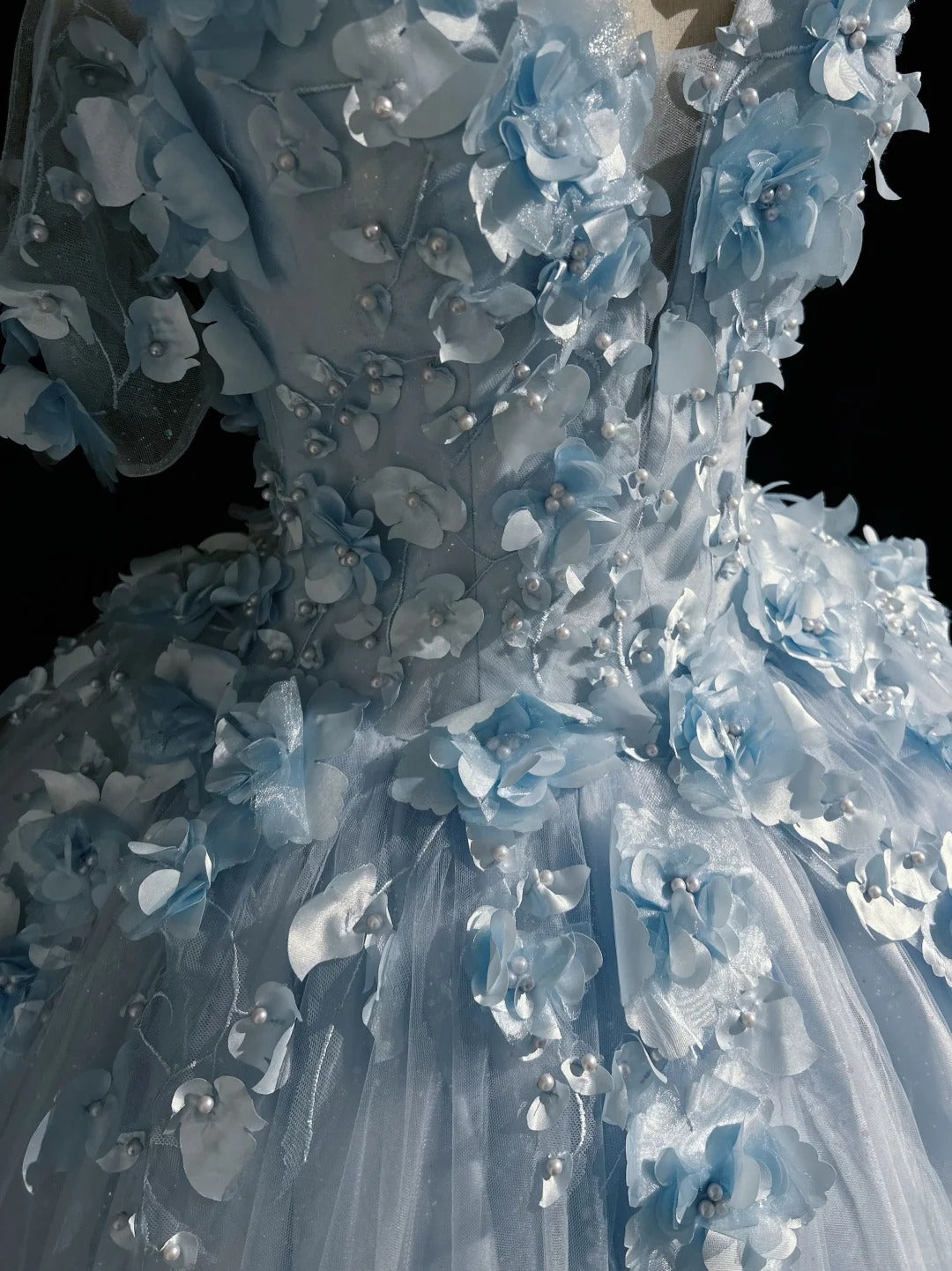 Robe de soirée bleue Sweet 16, féérique, épaules dénudées, en tulle, longue, avec appliqués, robe de quinceañera EQ07117