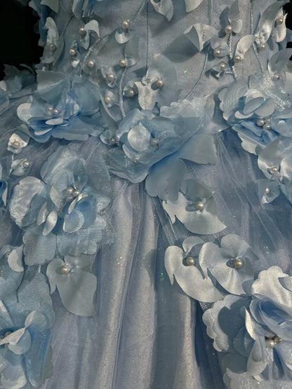 Robe de soirée bleue Sweet 16, féérique, épaules dénudées, en tulle, longue, avec appliqués, robe de quinceañera EQ07117