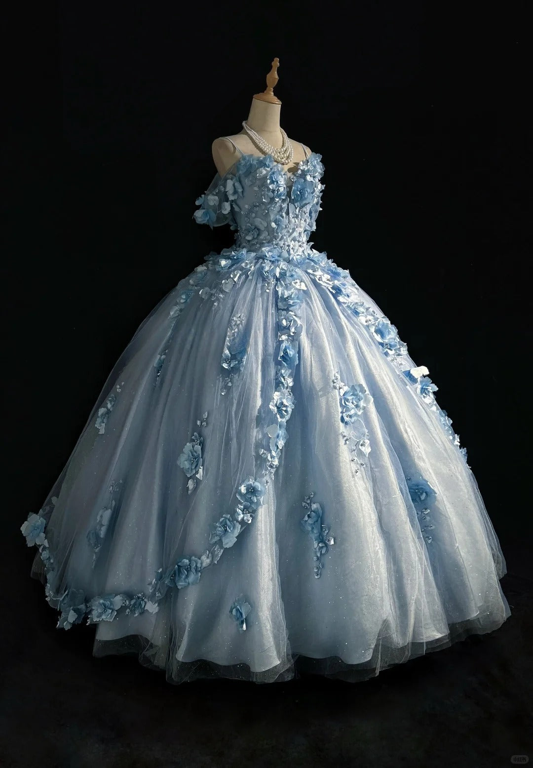 Robe de soirée bleue Sweet 16, féérique, épaules dénudées, en tulle, longue, avec appliqués, robe de quinceañera EQ07117