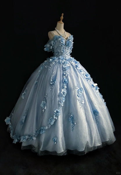 Robe de soirée bleue Sweet 16, féérique, épaules dénudées, en tulle, longue, avec appliqués, robe de quinceañera EQ07117