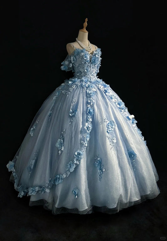 Blue Sweet 16 Dress Fairy Off-shoulder Ball Gown Tulle Long Prom Dress Appliques Quinceanera Dress EQ07117