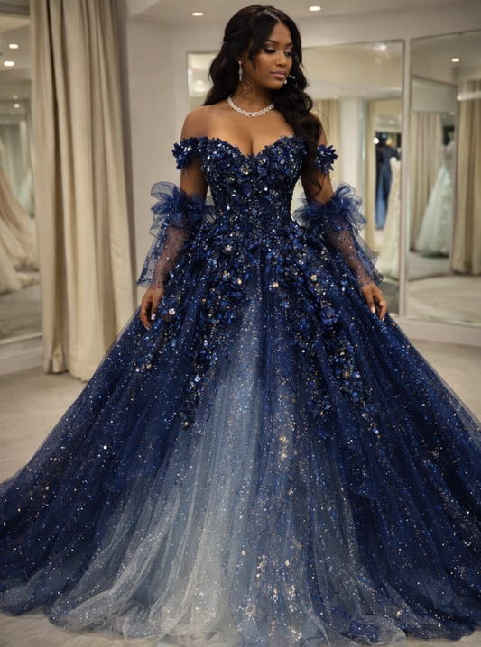 Navy Blue Sweet 16 Dress Gorgeous Off-shoulder Ball Gown Tulle Long Prom Dress Appliques Quinceanera Dress EQ07118
