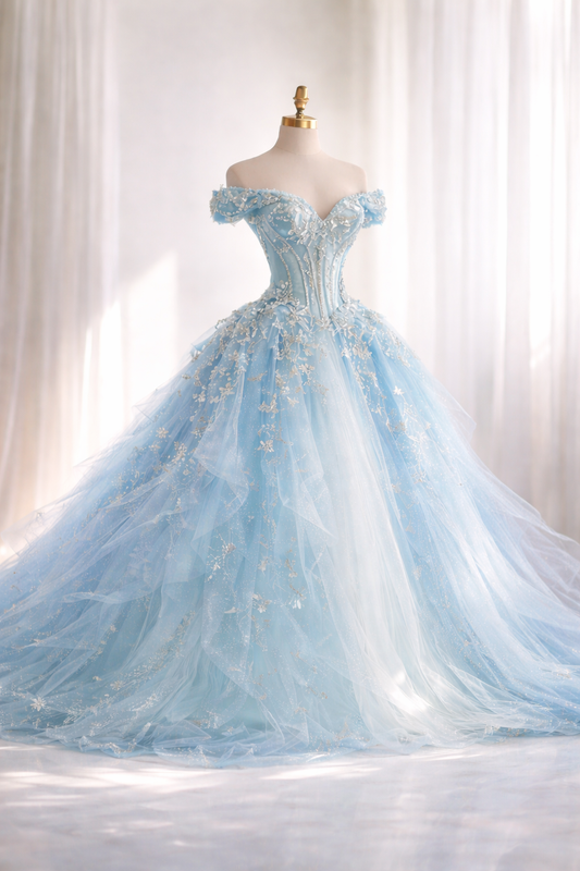 Blue Sweet 16 Dress Gorgeous Off-shoulder Ball Gown Tulle Long Prom Dress Appliques Quinceanera Dress EQ07119