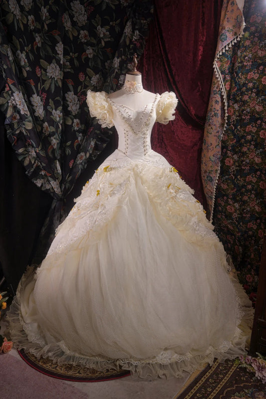 Yellow Sweet 16 Dress Gorgeous V-neck Ball Gown Tulle Long Prom Dress Appliques Quinceanera Dress EQ07120