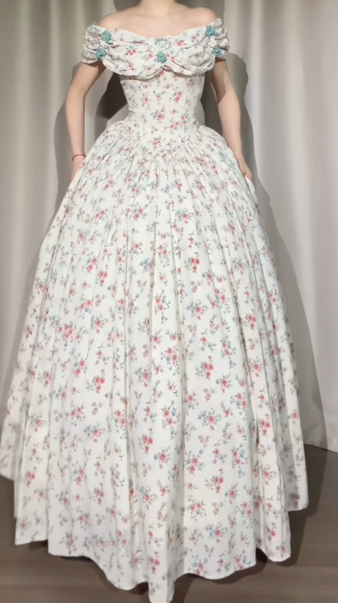 Floral Sweet 16 Dress Gorgeous Off-shoulder Ball Gown Tulle Long Prom Dress Appliques Quinceanera Dress EQ07121
