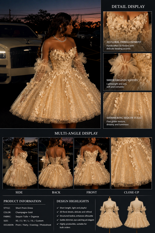 Chic Champagne Sweet 16 Dress Sweetheart A-Line Short Prom Dress Tulle Appliques Birthday Dress ES0001