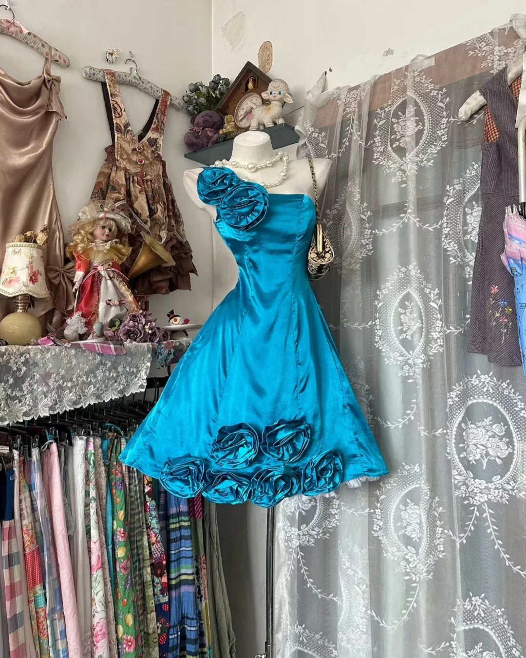 Chic Blue Short Prom Dress One-shoulder A-Line Birthday Dress Satin Cacktail Dress ES01089