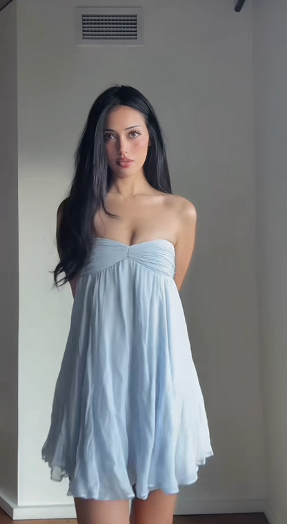 Simple Blue Birthday Dress Sheath Strapless Cocktail Dresss Sleeveless Chiffon Beach Party Dress ES07102