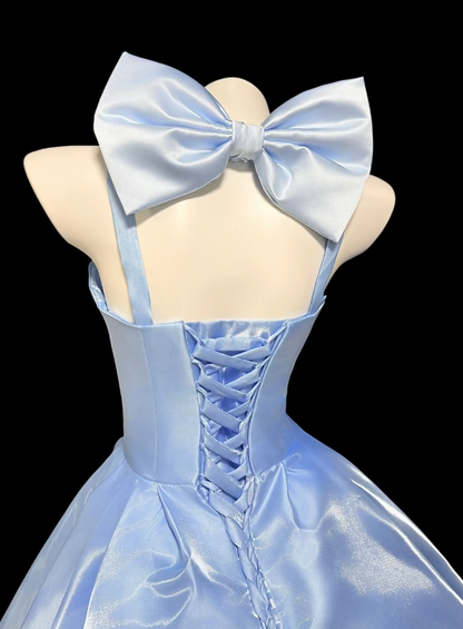 Robe de soirée chic bleue ligne A à bretelles sans manches en satin courte robe de bal ES07110