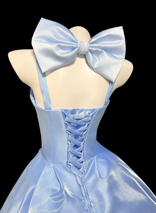 Chic Blue Birthday Dress A-Line Straps Cocktail Dress Sleeveless Satin Short Prom Dress ES07110