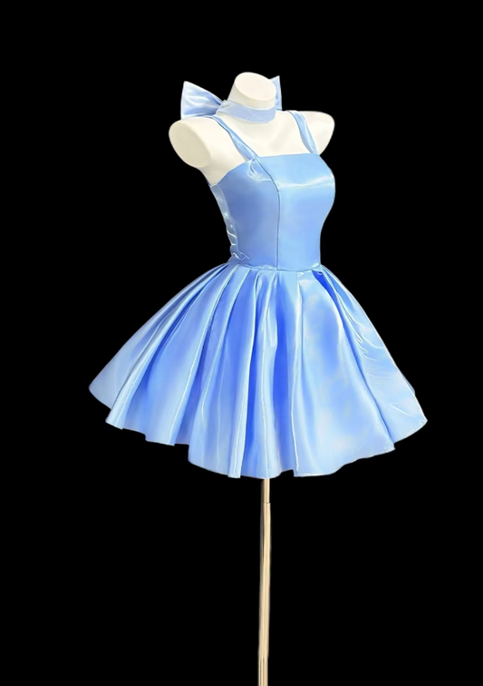 Chic Blue Birthday Dress A-Line Straps Cocktail Dress Sleeveless Satin Short Prom Dress ES07110