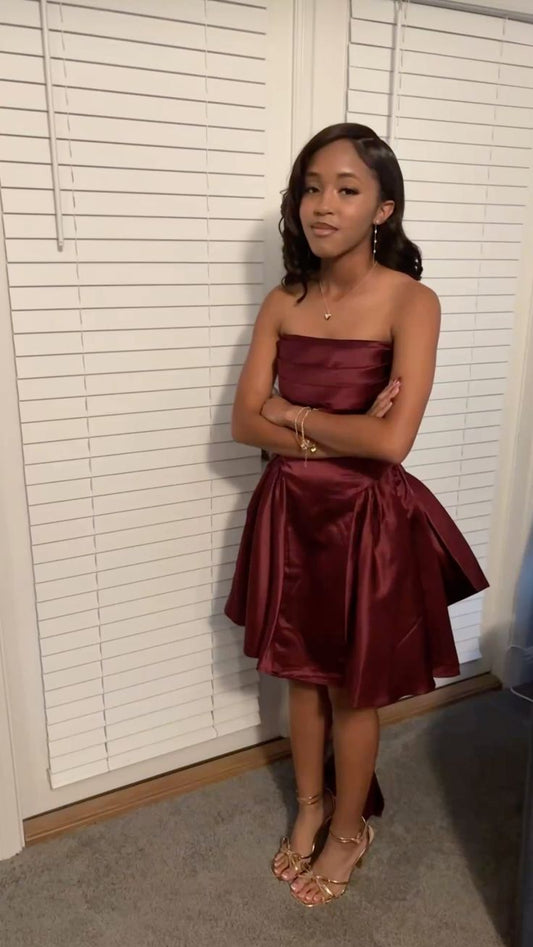 Chic Dark Red Birthday Dress Strapless A-line Satin Cocktail Dress Sleeveless Short Prom Dress ES07116