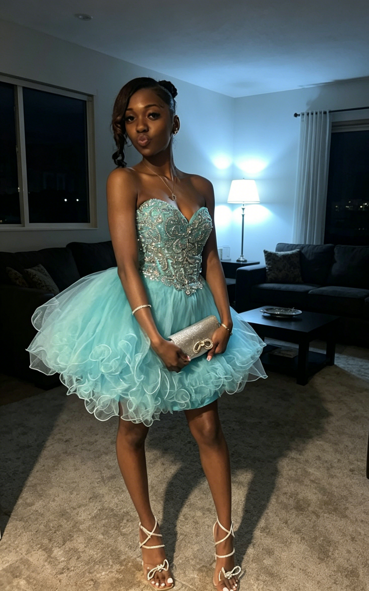 Chic Blue Birthday Dress Sweetheart A-line Short Prom Dress Sleeveless  Tulle Cocktail Dress ES07117