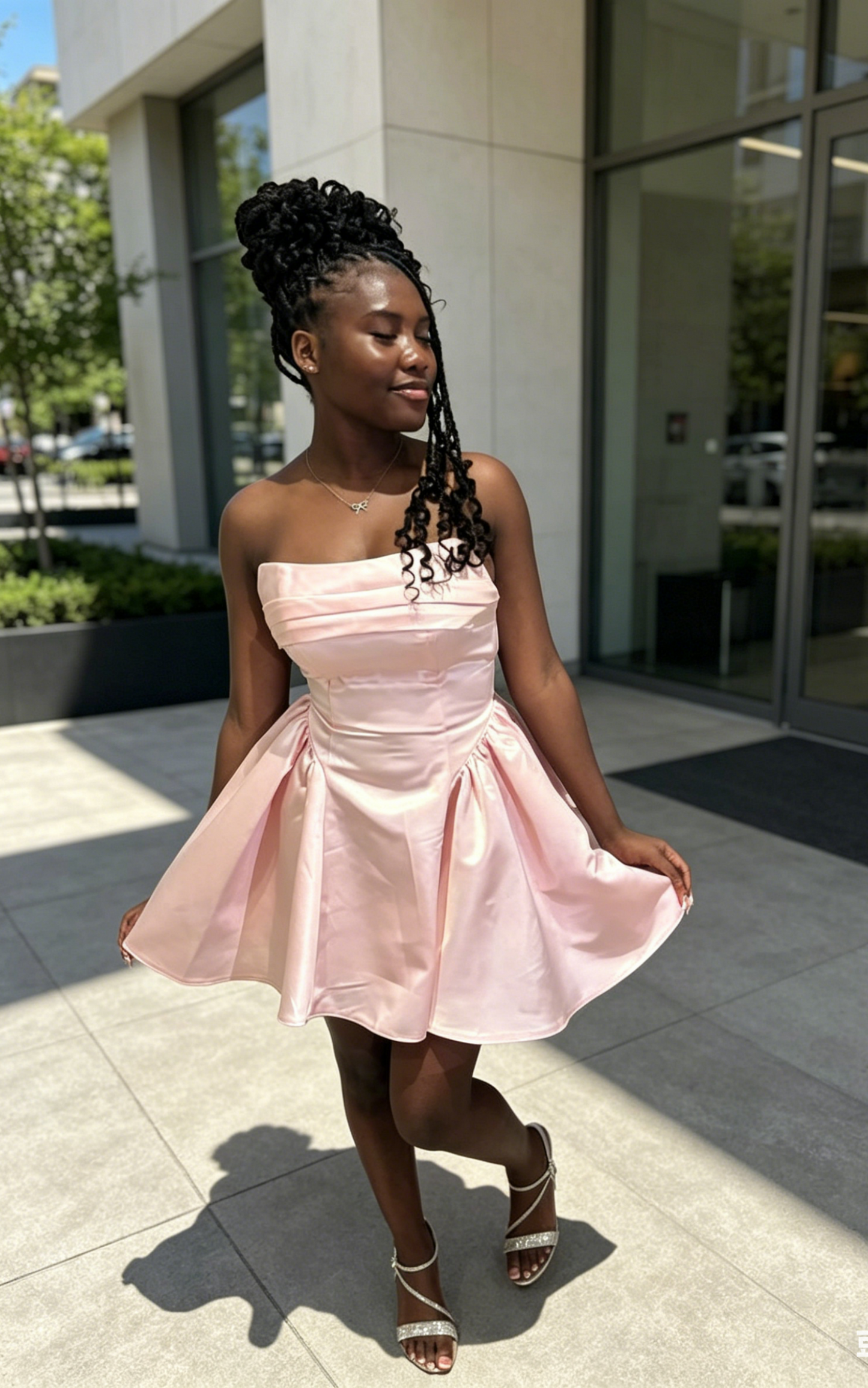 Chic Pink Graduatiom Dress Strapless A-Line Short Prom Dress Satin Birthday Dress ES07120