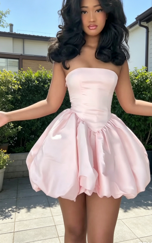 Chic Pink Graduatiom Dress Strapless A-Line Short Prom Dress Satin Birthday Dress ES07122