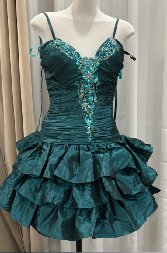Chic Spaghetti Straps A-Line Cocktail Dress Satin Graduation Party Dress Teal Birthday Dress ES07126