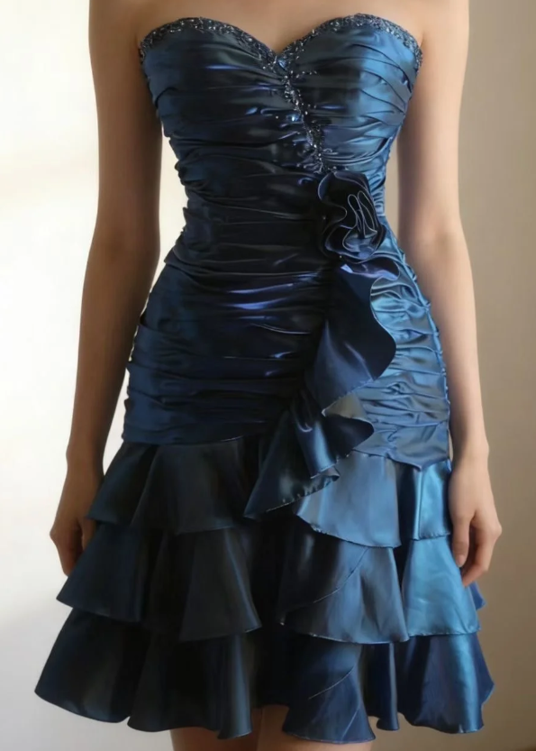 Chic Sweetheart Sheath Cocktail Dress Satin Graduation Party Dress Blue Birthday Dress ES07127