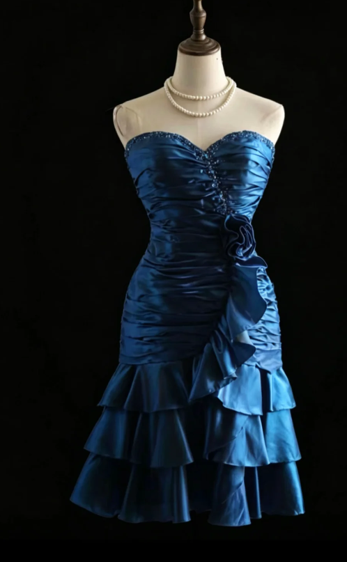 Chic Sweetheart Sheath Cocktail Dress Satin Graduation Party Dress Blue Birthday Dress ES07127