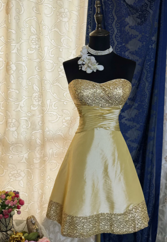 Chic Sweetheart A-Line Cocktail Dress Satin Graduation Party Dress Yellow Birthday Dress ES07128
