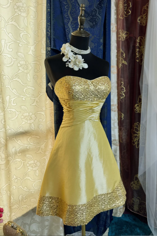 Chic Sweetheart A-Line Cocktail Dress Satin Graduation Party Dress Yellow Birthday Dress ES07128