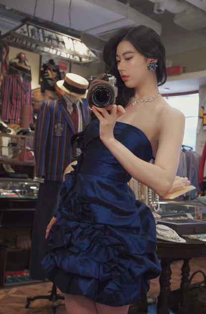 Élégante Robe de Cocktail Sans Bretelles Évasée Robe de Soirée en Satin Bleu Marine pour Anniversaire ES07129