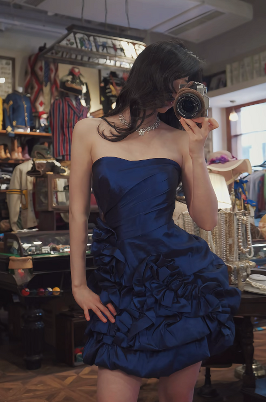 Chic Strapless A-Line Cocktail Dress Satin Graduation Party Dress Navy Blue Birthday Dress ES07129
