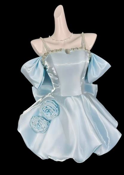 Chic Spaghetti Straps A-Line Cocktail Dress Satin Graduation Party Dress Pale Blue Birthday Dress ES07132