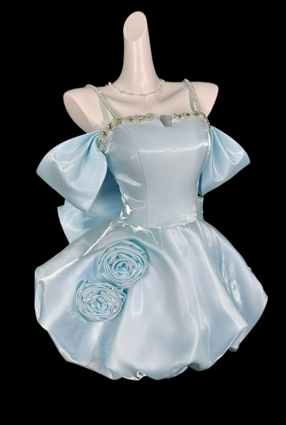 Chic Spaghetti Straps A-Line Cocktail Dress Satin Graduation Party Dress Pale Blue Birthday Dress ES07132