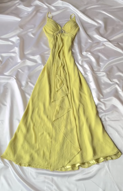 Robe de cocktail chic fourreau à fines bretelles en mousseline Robe de fête de remise des diplômes Robe d'anniversaire jaune ES07134