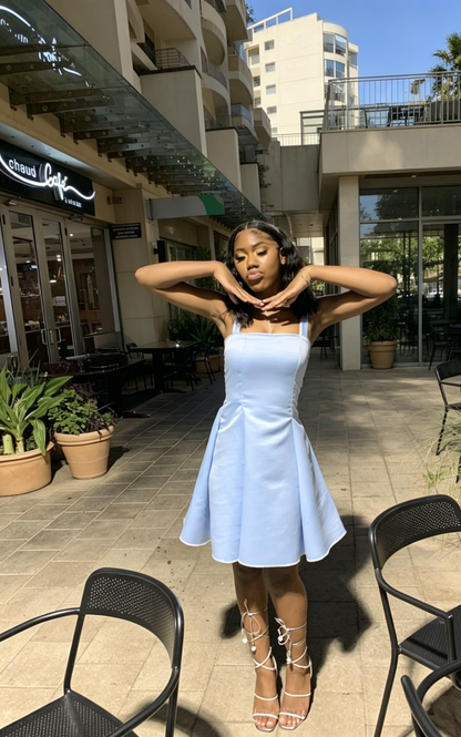 Chic Straps A-line Cocktail Dress Satin Graduation Party Dress Blue Birthday Dress ES07137