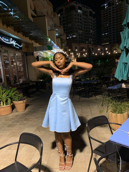 Chic Straps A-line Cocktail Dress Satin Graduation Party Dress Blue Birthday Dress ES07137