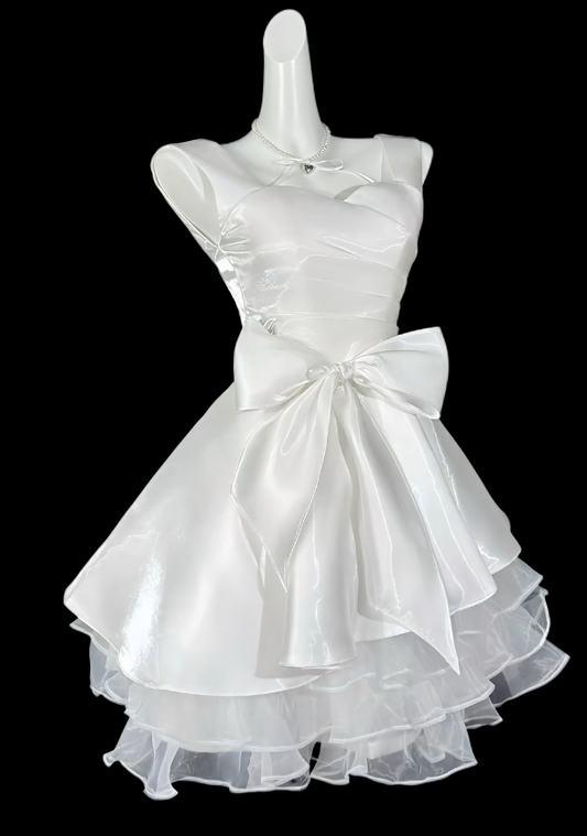 Chic Straps A-line Cocktail Dress Satin Graduation Party Dress White Birthday Dress ES07139