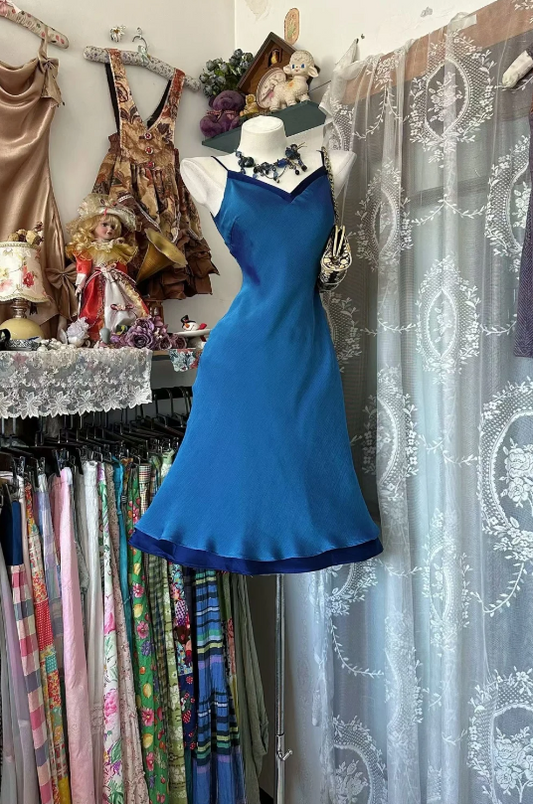 Vintage Spaghetti Straps Birthday Outfit Sheath Satin Summer Dress Blue Party Dress ES07140