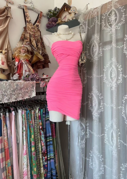 Sexy Strapless Birthday Outfit Sheath Chiffon Summer Dress Pink Party Dress ES07141