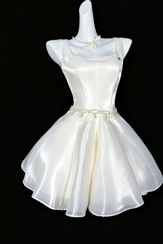 Cute Spaghetti Straps Birthday Outfit A-Line Chiffon Summer Dress White Party Dress ES07142