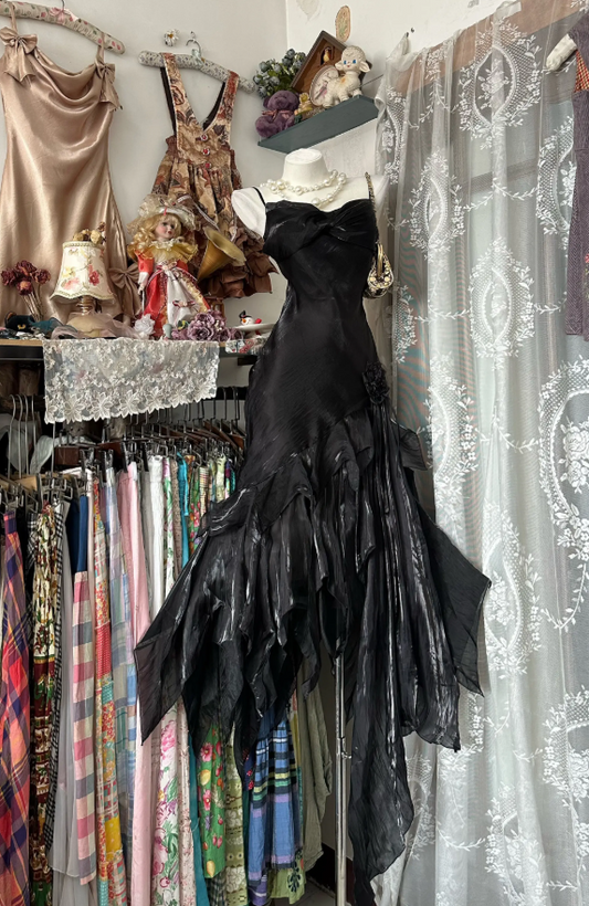 Cute Spaghetti Straps Birthday Outfit Sheath Chiffon Summer Dress Black Party Dress ES07145