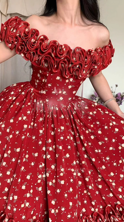 Jolie Robe d'Anniversaire Épaules Dénudées, Robe d'Été en Satin Coupe A, Robe de Soirée Bordeaux ES07230