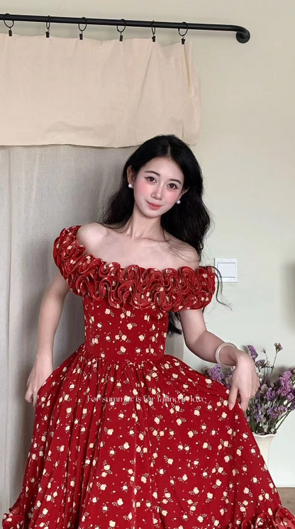 Jolie Robe d'Anniversaire Épaules Dénudées, Robe d'Été en Satin Coupe A, Robe de Soirée Bordeaux ES07230